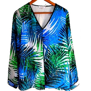 Calvin Klein V-Neck green leaf top Tropical size M Long Sleeve Blouse Shirt